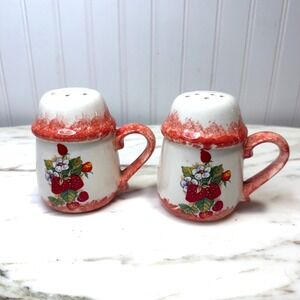 Vintage Strawberry Stoneware Salt and Pepper Shakers Cottagecore Farmhouse